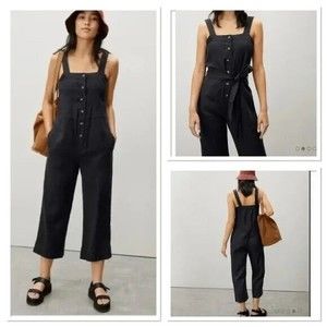 Everlane Womens Black Linen Sleeveless Buttoned Picnic Jumpsuit 4